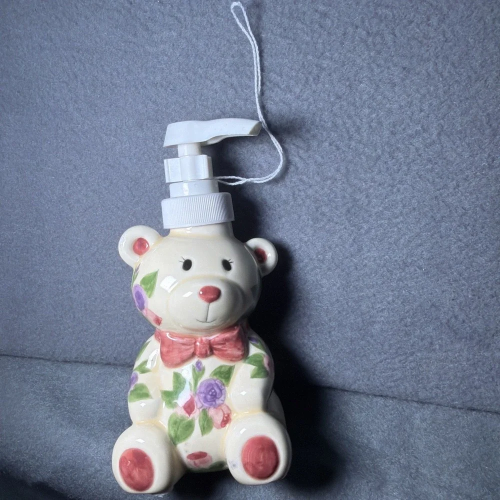 Vintage Ceramic Teddy Bear Soap Dispenser Pump, Freestanding, Floral.